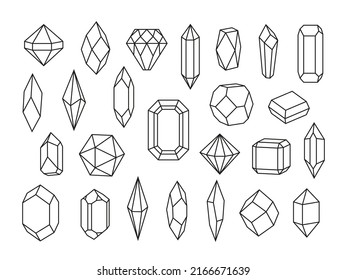 Line Crystal Set. Drawing Jewel Mineral Structure, Crystals And Gemstone. Geometric Diamond Symbols, Outline Stones Gem Shapes Tidy Vector Kit