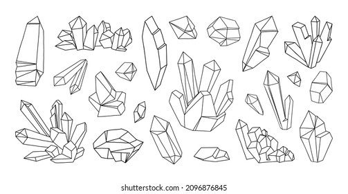 Line Crystal Stone. Outline Polygon Minerals. Rock And Gem Sketches. Geometric Gemstone Drawing. Precious Topaz And Aquamarine. Natural Geological Shape. Vector Isolated Rhinestones Set