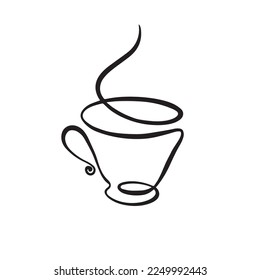 Line cup of hot drink, a linear art of coffee with steam. Hand vector drawn logo.