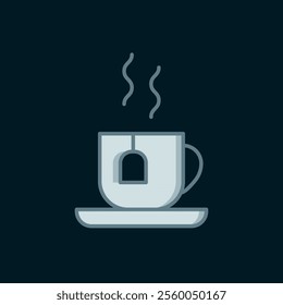 Line Cup of tea with tea bag icon isolated on black background. Flat filled outline style with shadow. Vector