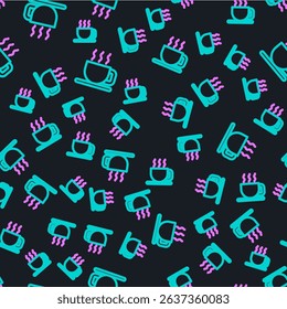 Line Cup of tea icon isolated seamless pattern on black background.  Vector