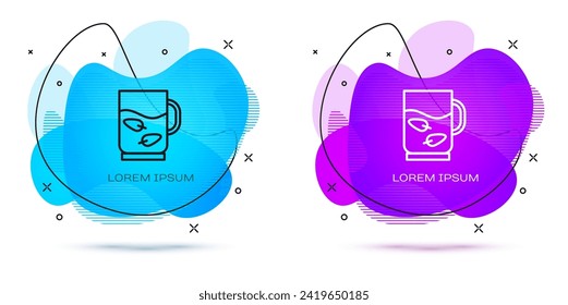 Line Cup of tea and leaf icon isolated on white background. Abstract banner with liquid shapes. Vector