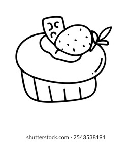 line cupcakes, muffin strawberry, banana bread. handrawn line cartoon bread and drink cafe doodles design. element stock