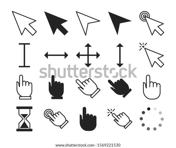 Line cursor set\
vector isolated. Collection of mouse arrow, computer pointer. Hand\
sign showing direction.