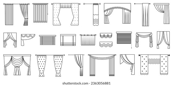Line curtains for door, window or stage. Windows decorations, outline blinds and curtain. Various fabric interior design, indoor decent vector elements