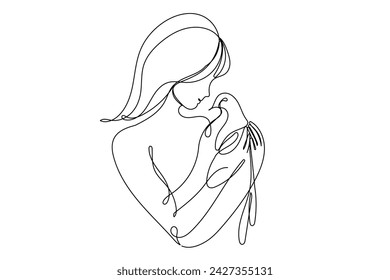 Line Curve Flexible Outline Girl And Dove Bird Portrait Art Isolated On White. Romantic Girl Person Head Portrait Contour Silhouette Drawn One Continuous Editable Line. 