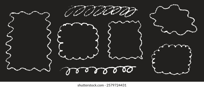 Line curve frame with texture crayon chalk. Scribble hand drawn set frame white on black background. Curve crayon chalk set, Vector illustration