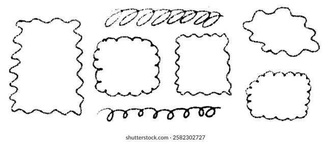 Line curve frame with texture crayon chalk. Scribble hand drawn set frame black on white background. Curve crayon chalk set, Vector illustration