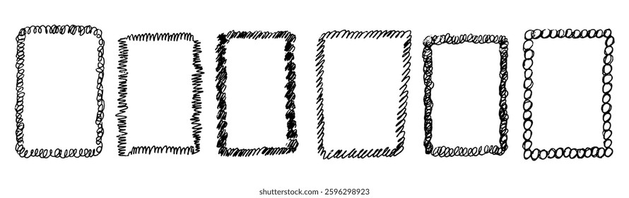 Line curve frame with texture crayon chalk. Scribble hand drawn set frame colorful on black background. Curve crayon chalk set, Vector illustration