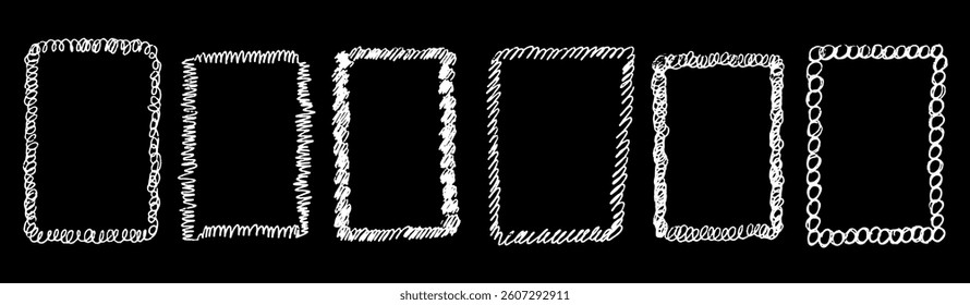 Line curve frame with texture crayon chalk. Scribble hand drawn set frame colorful on black background. Curve crayon chalk set, Vector illustration