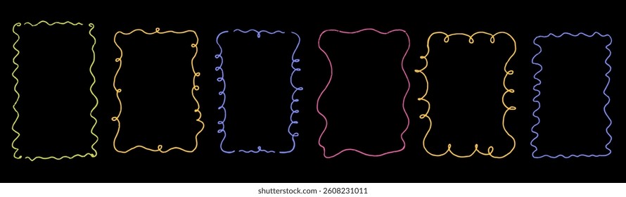Line curve frame with texture crayon chalk. Scribble hand drawn set frame colorful on black background. Curve crayon chalk set, Vector illustration