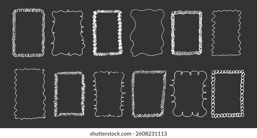 Line curve frame with texture crayon chalk. Scribble hand drawn set frame colorful on black background. Curve crayon chalk set, Vector illustration