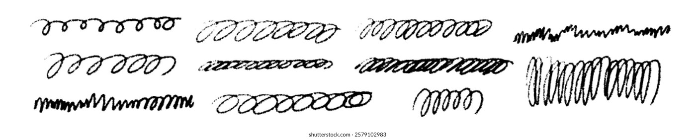 Line curve with texture crayon chalk. Scribble hand drawn set scribble black on white background. Curve crayon chalk set, Vector illustration