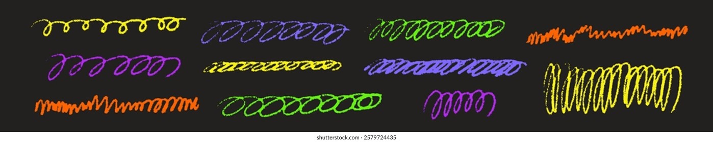 Line curve with texture crayon chalk. Scribble hand drawn set scribble colorful on black background. Curve crayon chalk set, Vector illustration