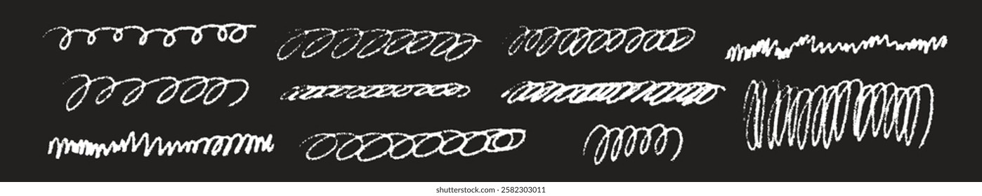 Line curve with texture crayon chalk. Scribble hand drawn set scribble white on black background. Curve crayon chalk set, Vector illustration