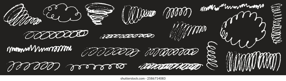 Line curve with texture crayon chalk. Scribble hand drawn set scribble white on black background. Curve crayon chalk set, Vector illustration