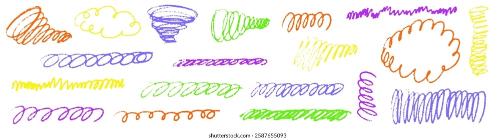 Line curve with texture crayon chalk. Scribble hand drawn set scribble colorful on white background. Curve crayon chalk set, Vector illustration