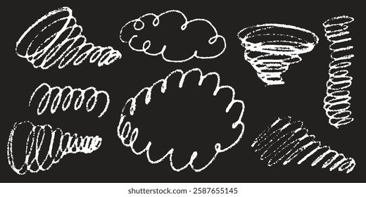 Line curve with texture crayon chalk. Scribble hand drawn set scribble white on black background. Curve crayon chalk set, Vector illustration