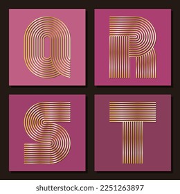Linienkurve Vektor Q, R, S, T Buchstaben Symbol Design Material Set. Warmer Hintergrund. Jubiläumsdesign mit Zahlen im Labyrinth-Stil für Broschüren, Broschüren, Einladungskarten, Magazine, Poster, 
