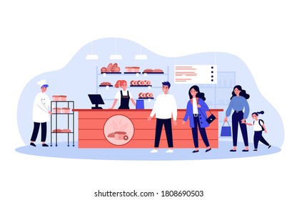 Línea de clientes en la panadería. Gente comprando panes recién horneados en una panadería. Ilustración vectorial para la alimentación, la alimentación, el concepto de negocio