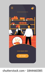 Line of customers in bread shop. People buying freshly baked loaves in bakery store. Vector illustration for food, eating, business concept