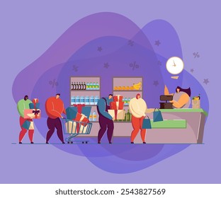 Line of customers at cashier vector illustration. People buying goods in shopping carts and bags, gift boxes at grocery shop or supermarket. Commerce, shopping, sale concept