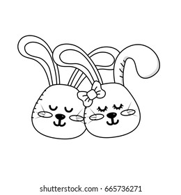 line cute animal couple rabbit head together