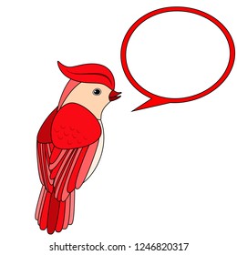 Line cute bird with speech bubble, coloring style isolated on white background, vector sign. 