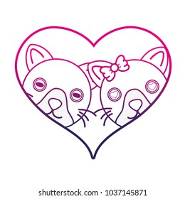 line cute cat couple animal together inside the heart