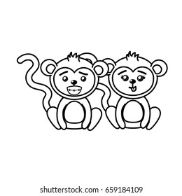 line cute couple monkey wild animal with beautiful expression