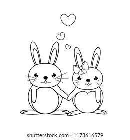 line cute couple rabbit animal with hearts