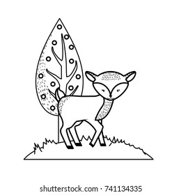 line cute deer wild animal next to tree