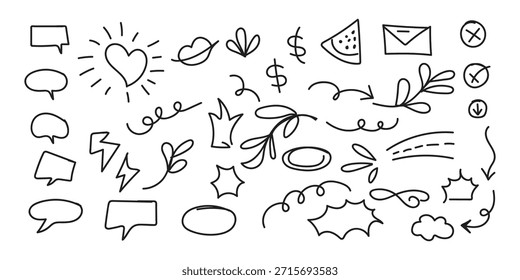 Line cute element set. Hand drawn sketch doodle style arrow, cloud, star with marker stroke pencil highlight. Doodle sketch heart, star, cloud cartoon sticker shapes