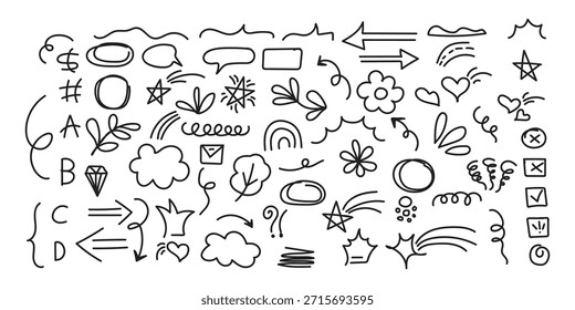 Linie cute Element-Set. Handgezeichnete Skizze doodle Stil Pfeil, Wolke, Stern mit Marker Strich Bleistift Highlight. Doodle Skizze Herz, Stern, Wolke Cartoon Aufkleber Formen