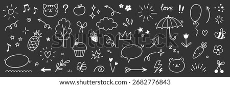 Line cute element set. Hand drawn scribble heart, arrow, flower and cloud elements on chalkboard background. Doodle sketch heart, star, cloud cartoon sticker shapes. Vector illustration