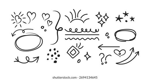 Line cute element set. Hand-drawn sketch doodle style arrow, cloud, star with marker stroke pencil highlight. Doodle sketch heart, star, cloud cartoon sticker shapes