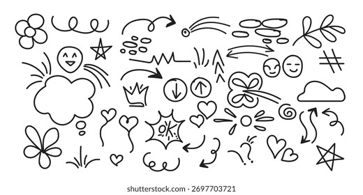Line cute element set. Hand-drawn sketch doodle style arrow, cloud, star with marker stroke pencil highlight. Doodle sketch heart, star, cloud cartoon sticker shapes