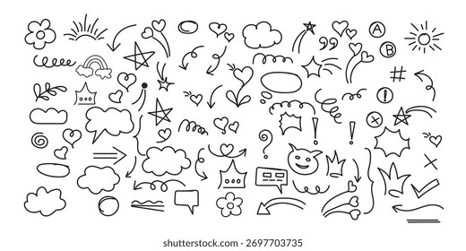 Conjunto de elementos bonitinho de linha. Desenho desenhado à mão doodle estilo seta, nuvem, estrela com marcador traçado lápis destaque. Desenho de rabiscar coração, estrela, nuvem desenhos animados formas adesivas
