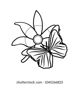 line cute flowers design with petals and butterfly