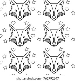 line cute fox head animal with stars ans hearts background vector illustration