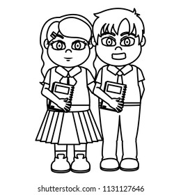 line cute girl and boy children friends with book