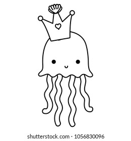 line cute jellyfish marine animal with crown