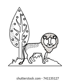 line cute lion wild animal next to tree