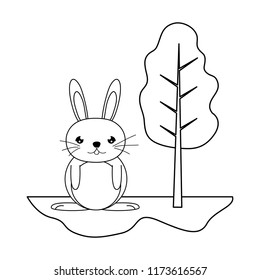 line cute male rabbit animal in the landscape