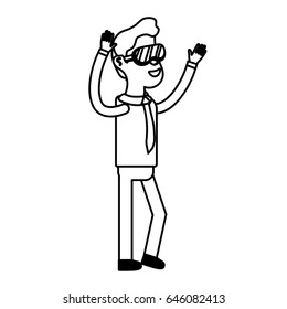 line cute man with hands up and glasses