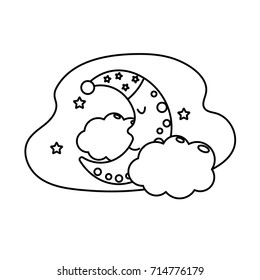 line cute moon with sleep hat design and clouds with stars