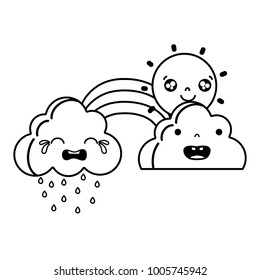 line cute natural weather clouds with sun and rainbow kawaii