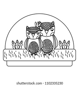 line cute owls animals together in the countryside