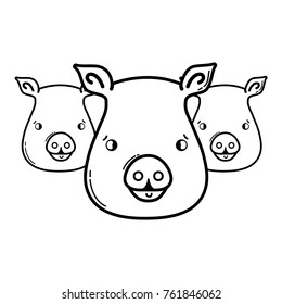 line cute pigs heads wilds animals vector illustration