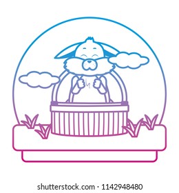 line cute rabbit animal inside hamper in the landscape